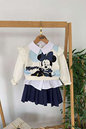 Miniğimin Cicileri Minnie Mouse Baskılı Fırfır Kol Sweatshirt ve Pileli Etekli Kız Çocuk 2’li Takım