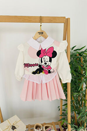 Miniğimin Cicileri Minnie Mouse Baskılı Fırfır Kol Sweatshirt ve Pileli Etekli Kız Çocuk 2’li Takım