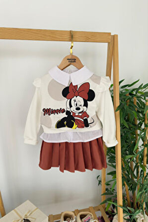 Miniğimin Cicileri Minnie Mouse Baskılı Fırfır Kol Sweatshirt ve Pileli Etekli Kız Çocuk 2’li Takım