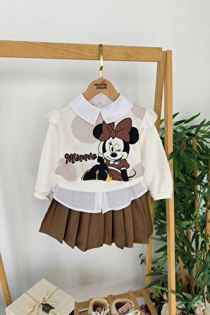 Miniğimin Cicileri Minnie Mouse Baskılı Fırfır Kol Sweatshirt ve Pileli Etekli Kız Çocuk 2’li Takım