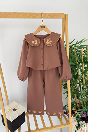 Miniğimin Cicileri Yaka Nakış Detaylı Kız Çocuk Uzun Gömlekli Takım - Kahve