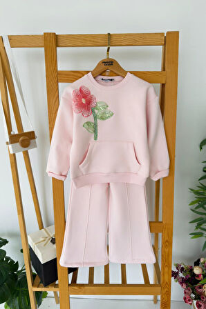 Miniğimin Cicileri Boncuklu Çiçek İşlemeli Çimalı Kız Çocuk Takım - Pudra