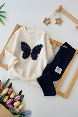 Miniğimin Cicileri Kelebek Tül Detaylı Renkli Taytlı Kız Çocuk Takım - Lacivert