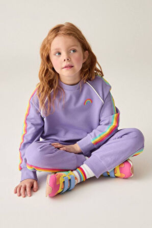 Miniğimin Cicileri Gökkuşağı İşleme Detaylı Şeritli Kız Çocuk Takım - Lila