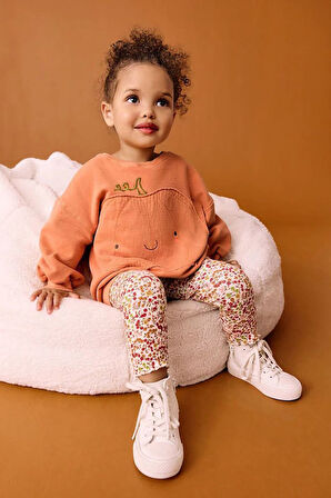 Miniğimin Cicileri Oversize Balkabağı Desenli Çiçek Taytlı Kız Çocuk Takım - Turuncu