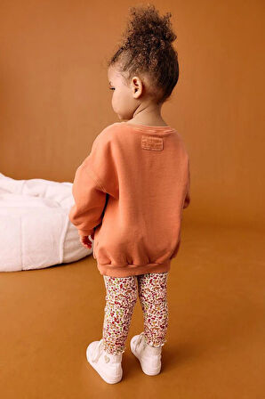 Miniğimin Cicileri Oversize Balkabağı Desenli Çiçek Taytlı Kız Çocuk Takım - Turuncu