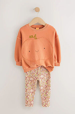 Miniğimin Cicileri Oversize Balkabağı Desenli Çiçek Taytlı Kız Çocuk Takım - Turuncu