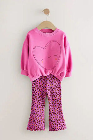 Miniğimin Cicileri Oversize Kalp Detaylı Leopar Tayt Kız Çocuk Takım - Fuşya