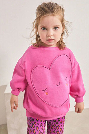 Miniğimin Cicileri Oversize Kalp Detaylı Leopar Tayt Kız Çocuk Takım - Fuşya