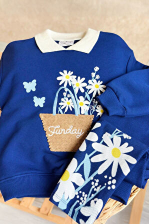 Miniğimin Cicileri Funday Papatya  Hasır Nakışlı Taytlı Kız Çocuk Takım - Lacivert