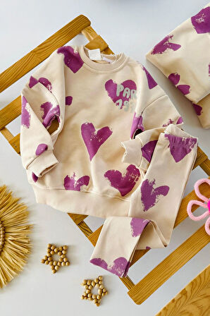 Miniğimin Cicileri Mor Kalp Baskı Detaylı Taytlı Kız Çocuk Takım - Mor