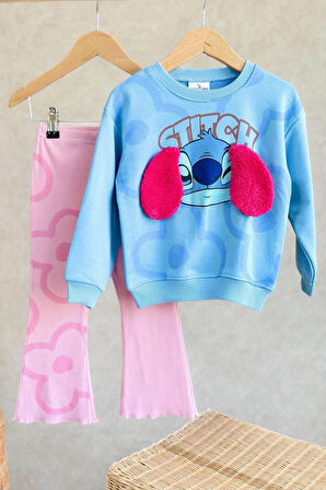 Miniğimin Cicileri Kulaklı Sttch Desenli Kız Çocuk 2 li Takım - Açık Mavi