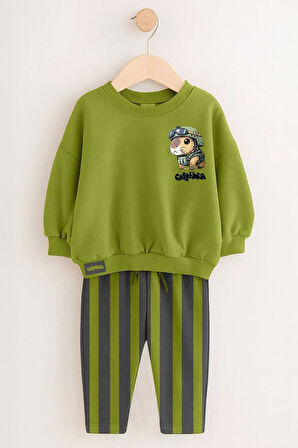 Miniğimin Cicileri Sincap Baskılı Çizgili Eşofmanlı Unisex Çocuk Takım - Yeşil
