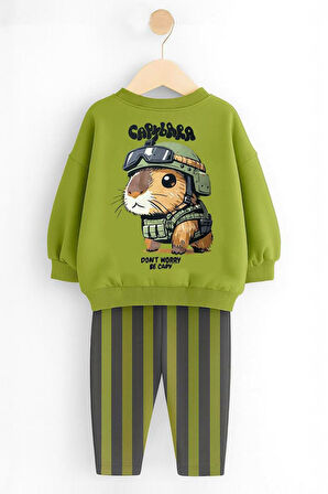 Miniğimin Cicileri Sincap Baskılı Çizgili Eşofmanlı Unisex Çocuk Takım - Yeşil