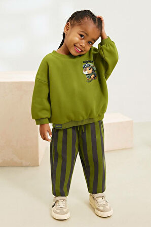 Miniğimin Cicileri Sincap Baskılı Çizgili Eşofmanlı Unisex Çocuk Takım - Yeşil