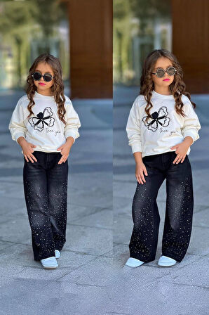 Miniğimin Cicileri Taşlı Kot Pantolonlu Kelebek Detaylı Kız Çocuk Takım - Siyah