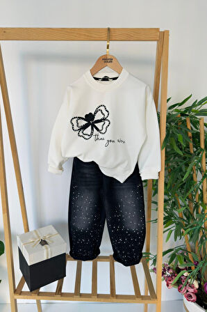 Miniğimin Cicileri Taşlı Kot Pantolonlu Kelebek Detaylı Kız Çocuk Takım - Siyah