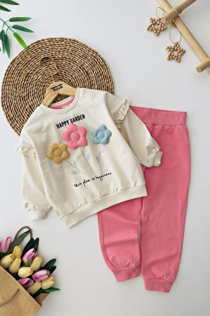 Mimiğimin Cicileri Renkli Papatya Desenli Kız Çocuk Pamuklu Penye Takım - Pembe