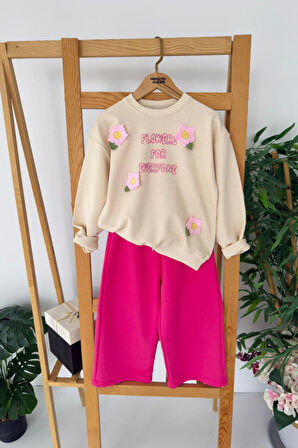 Miniğimin Cicileri Çiçek Örgü Detaylı Flower Baskı Kız Çocuk 2 li Takım - Fuşya
