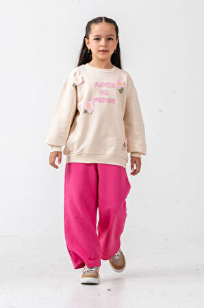 Miniğimin Cicileri Çiçek Örgü Detaylı Flower Baskı Kız Çocuk 2 li Takım - Fuşya