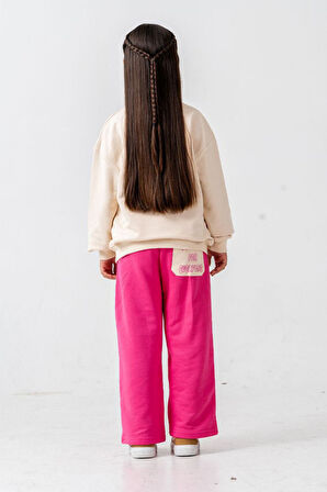 Miniğimin Cicileri Çiçek Örgü Detaylı Flower Baskı Kız Çocuk 2 li Takım - Fuşya