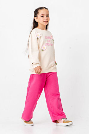 Miniğimin Cicileri Çiçek Örgü Detaylı Flower Baskı Kız Çocuk 2 li Takım - Fuşya