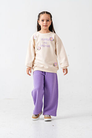 Miniğimin Cicileri Çiçek Örgü Detaylı Flower Baskı Kız Çocuk 2 li Takım - Mor