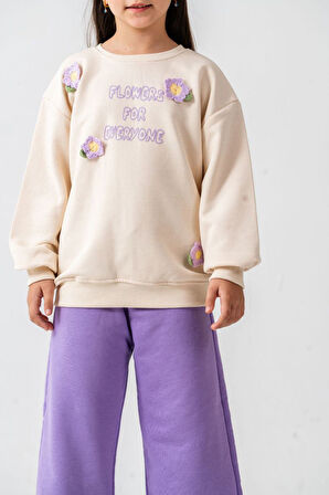 Miniğimin Cicileri Çiçek Örgü Detaylı Flower Baskı Kız Çocuk 2 li Takım - Mor