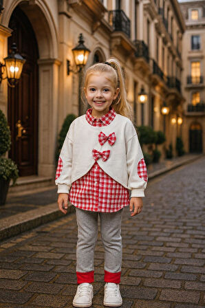 Miniğimin Cicileri Pötikare detaylı Fiyonklu Kız Çocuk 2 li Takım - Kırmızı