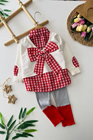 Miniğimin Cicileri Pötikare detaylı Fiyonklu Kız Çocuk 2 li Takım - Kırmızı