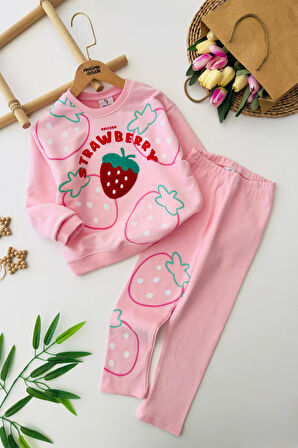 Miniğimin Cicileri Çilek Panç İşleme Detaylı Kız Çocuk Taytlı Takım - Açık Pembe