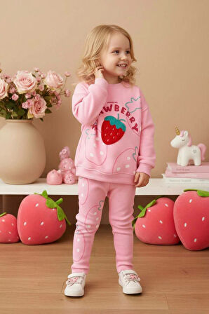 Miniğimin Cicileri Çilek Panç İşleme Detaylı Kız Çocuk Taytlı Takım - Açık Pembe