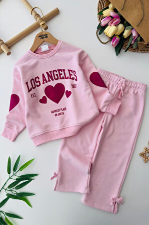 Miniğimin Cicileri Los Angeles Kalp Baskılı Renkli Kız Çocuk Takım - Pembe