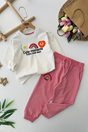 Miniğimin Cicileri Kalp Gökkuşağı Örhi Detaylı Renkli Kız Çocuk Takım - Krem