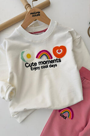 Miniğimin Cicileri Kalp Gökkuşağı Örhi Detaylı Renkli Kız Çocuk Takım - Krem