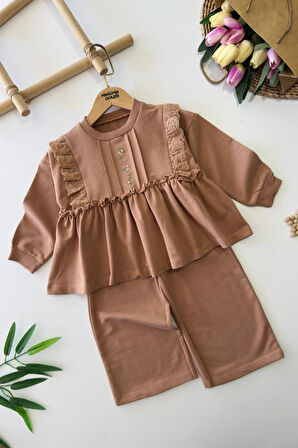 Miniğimin Cicileri Çiçek İşleme Detaylı Fistolu Kız Çocuk Pamuk Takım - Kahve