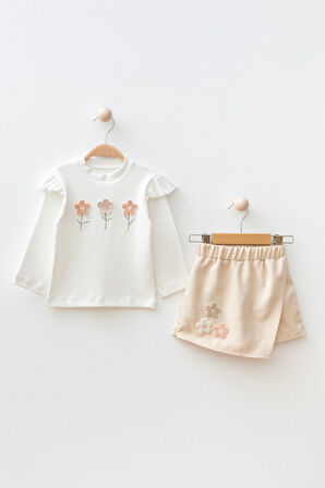 Miniğimin Cicileri Papatya Örgü Detaylı Kız Çocuk Şort Etekli Takım - Krem