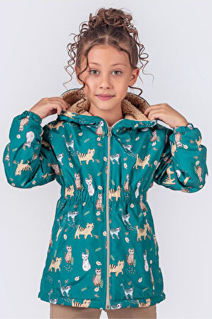 Miniğimin Cicileri Kedicik Karakter Baskılı Kız Çocuk İçi Welsoft Mevsimlik Mont - Yeşil