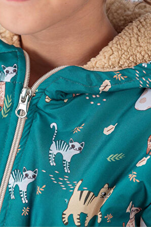 Miniğimin Cicileri Kedicik Karakter Baskılı Kız Çocuk İçi Welsoft Mevsimlik Mont - Yeşil