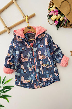 Miniğimin Cicilerin Lama Desenli Kapüşonlu Kız Çocuk Kürklü Kışlık Mont - Lacivert