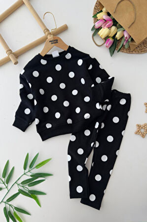 Miniğimin Cicileri Puantiye Dataylı Taytlı Kız Çocuk Takım - Siyah