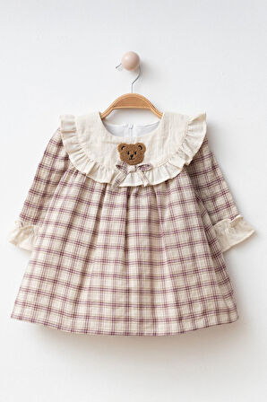 Miniğimin Cicileri Ayıcık Panç Detaylı Kız Çocuk Pamuk Elbise - Mor