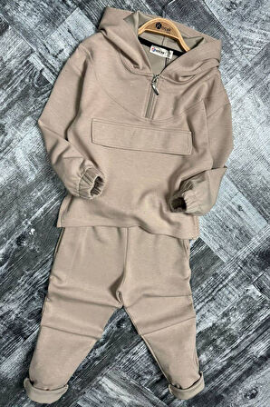 Miniğimin Cicileri Taş İşlemeli Kapüşonlu Kız Çocuk Takım - Krem