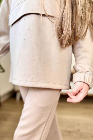 Miniğimin Cicileri Taş İşlemeli Kapüşonlu Kız Çocuk Takım - Krem