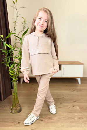 Miniğimin Cicileri Taş İşlemeli Kapüşonlu Kız Çocuk Takım - Krem