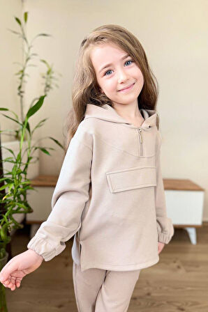 Miniğimin Cicileri Taş İşlemeli Kapüşonlu Kız Çocuk Takım - Krem
