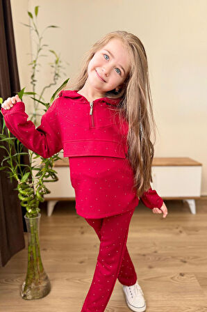 Miniğimin Cicileri Taş İşlemeli Kapüşonlu Kız Çocuk Takım - Kırmızı