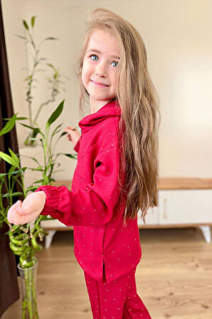 Miniğimin Cicileri Taş İşlemeli Kapüşonlu Kız Çocuk Takım - Kırmızı