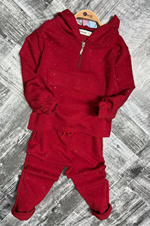 Miniğimin Cicileri Taş İşlemeli Kapüşonlu Kız Çocuk Takım - Kırmızı