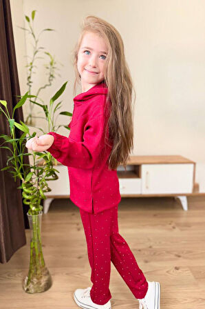 Miniğimin Cicileri Taş İşlemeli Kapüşonlu Kız Çocuk Takım - Kırmızı